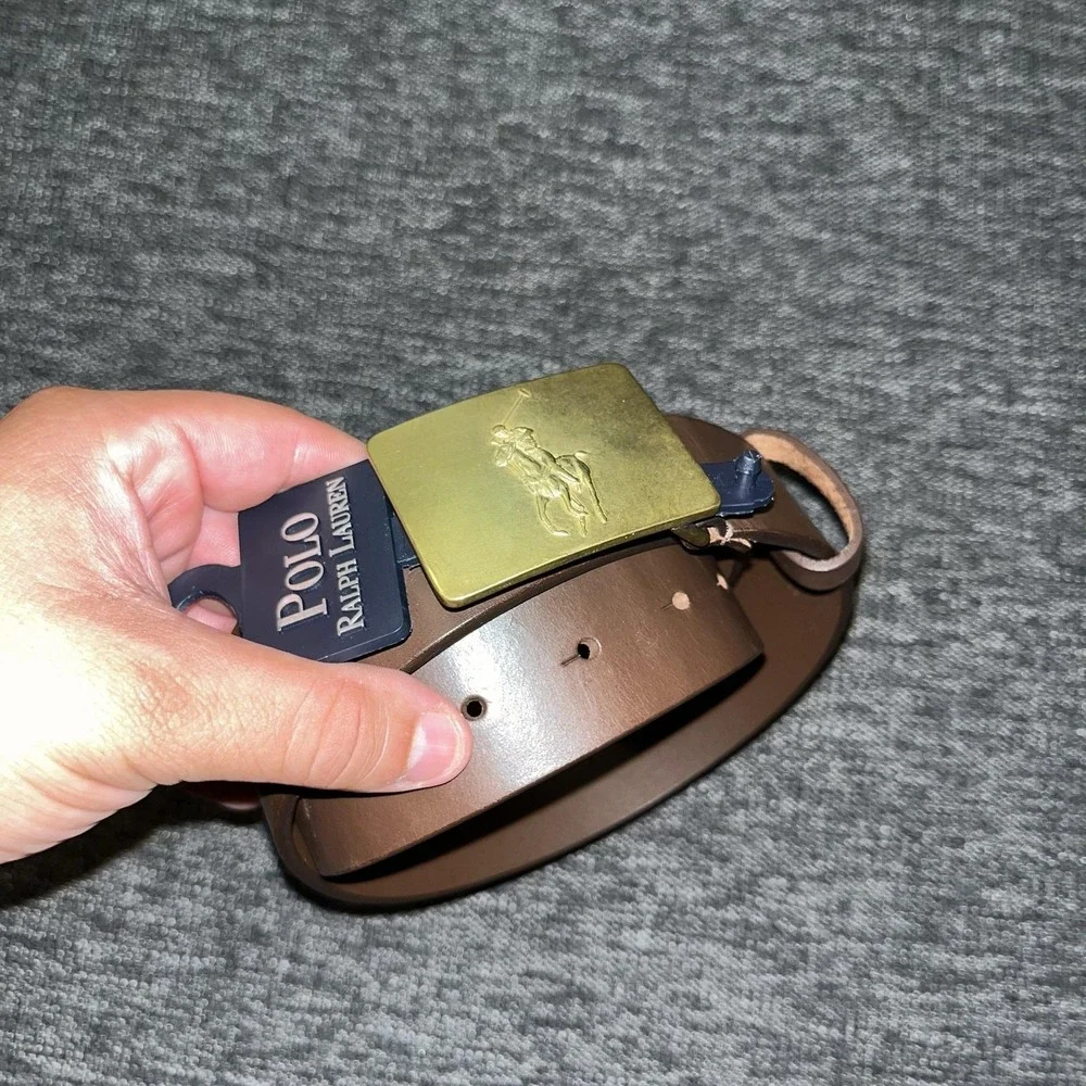 Polo Ralph Lauren Belt Mens Size 34 Brown Leather Brass Buckle Dress Pony Logo